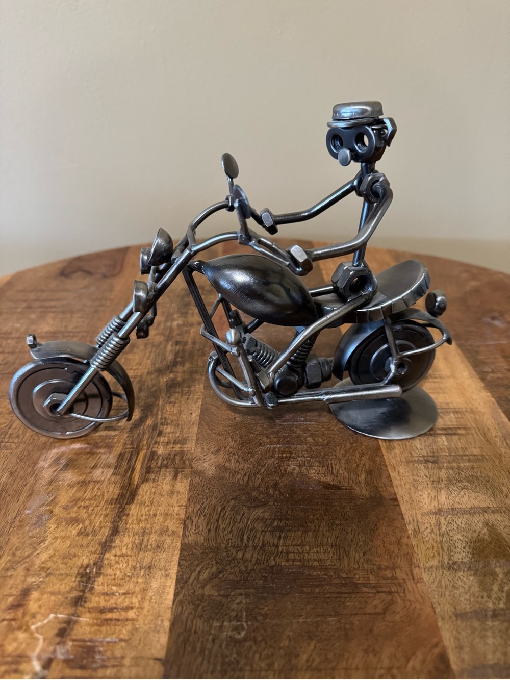 Handcrafted Silver Metal Biker Sculpture - Rustic Motorcycle Figurine